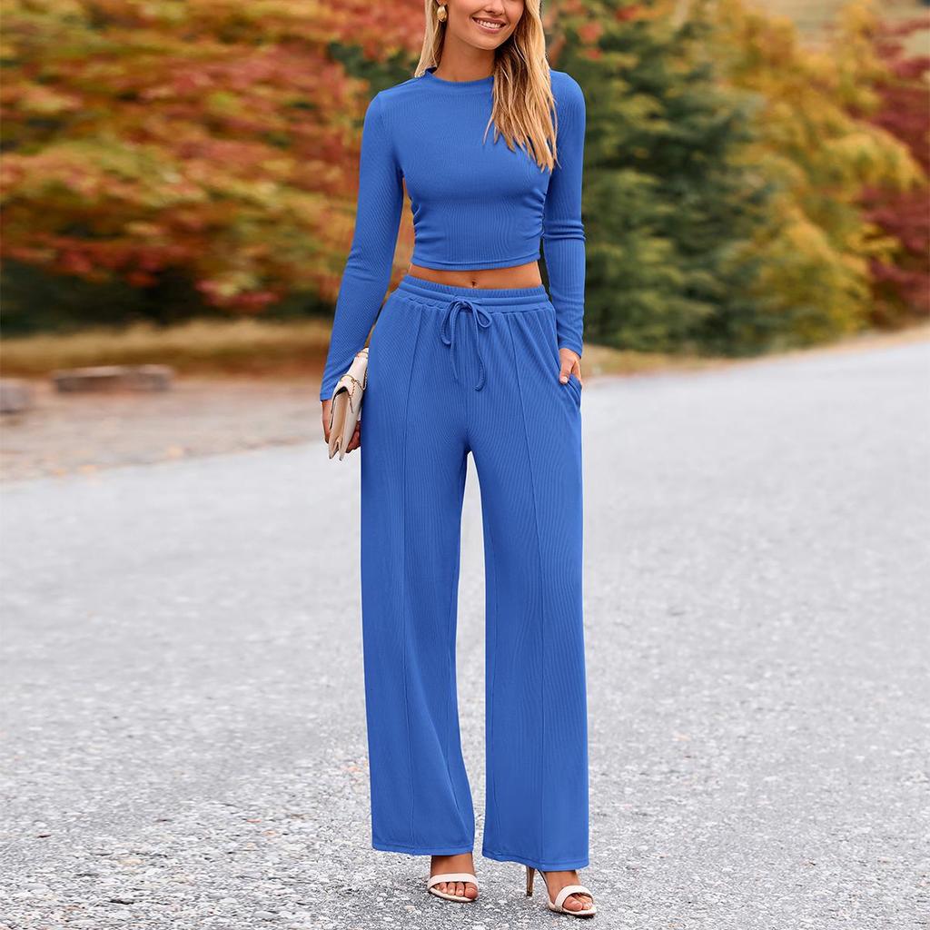 Women's One-piece Set Ribbed Knit Long-sleeve Short Top Wide-leg Pants Casual Loungewear