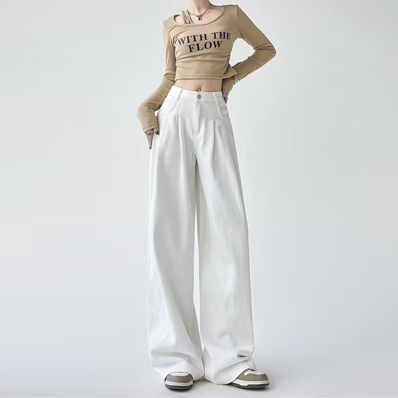 White Wide-Leg Jeans For Women New High-Waisted Pleated Loose-Fitting Slimming Hip-Covering Drapey Floor-Length Straight Pants