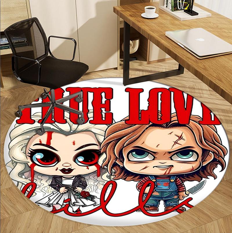 Bride of Chucky Pattern Round Rug, Indoor/Outdoor Mat, for Picnic, Gameroom, Bedroom, Office, Living Room, Home Decor Carpet, Birthday Gift