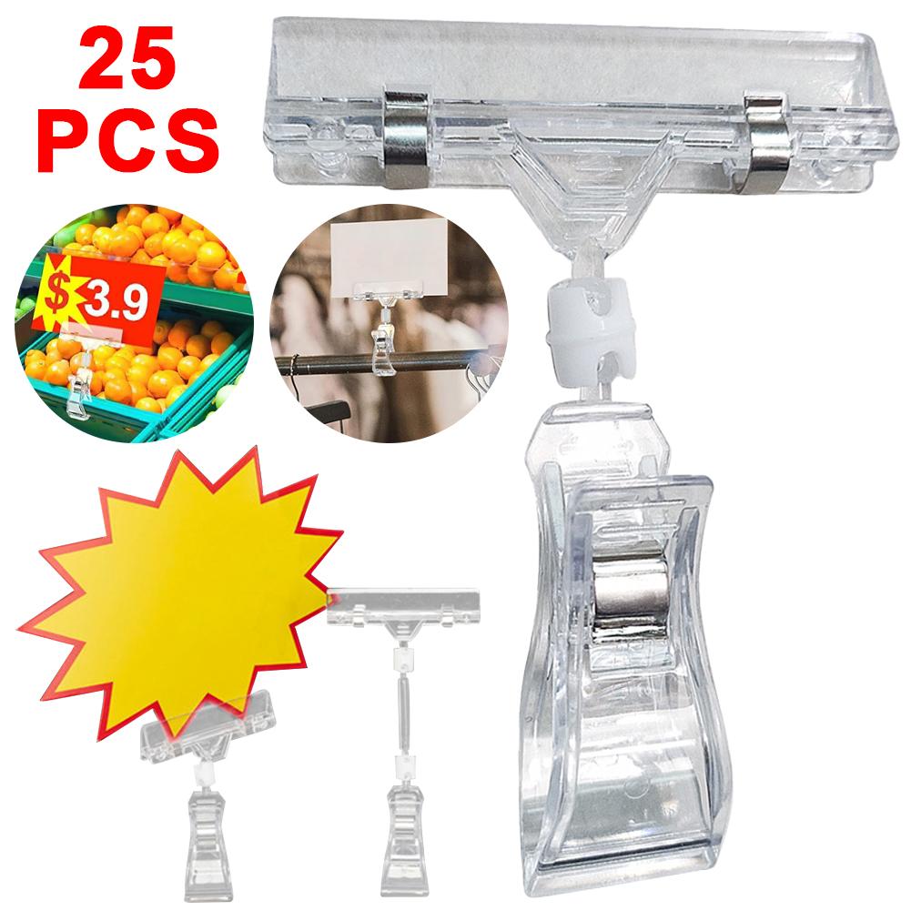 25 Pcs Plastic Food Signs Clip Clear Merchandise Sign Clip Rotatable Double Head Display Clips for Retail Rack Baskets Or Cards