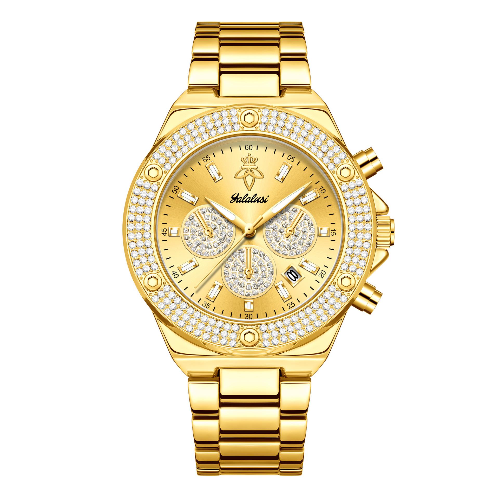 Yalalusi Luxury Gold Diamond Multi-Function Chronograph Watch Three-Eye Calendar Couple Watch Business Men S And Women S Watches
