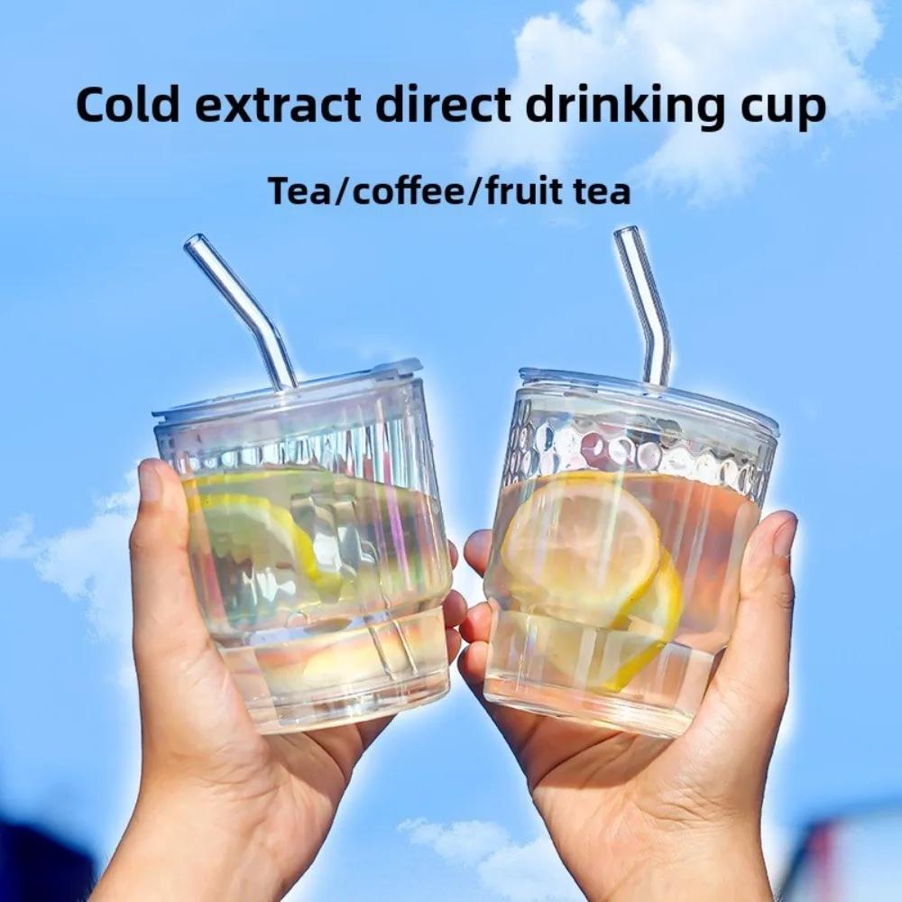 2 Pack of 450ML/15 Oz Vertical Fluted Glassware with Lids and Glass Straws Durable Lead-free Glassware for Everyday Use