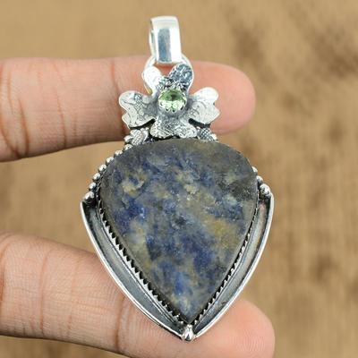 925 Silver Sodalite Rough Gemstone Green Amethyst Flower Ethnic Pendant Jewelry