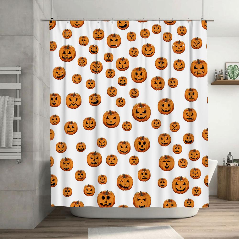 Halloween Pumpkin Shower Curtain White Bat Decoration Halloween Party Supplies Bathroom Decor Waterproof Fabric