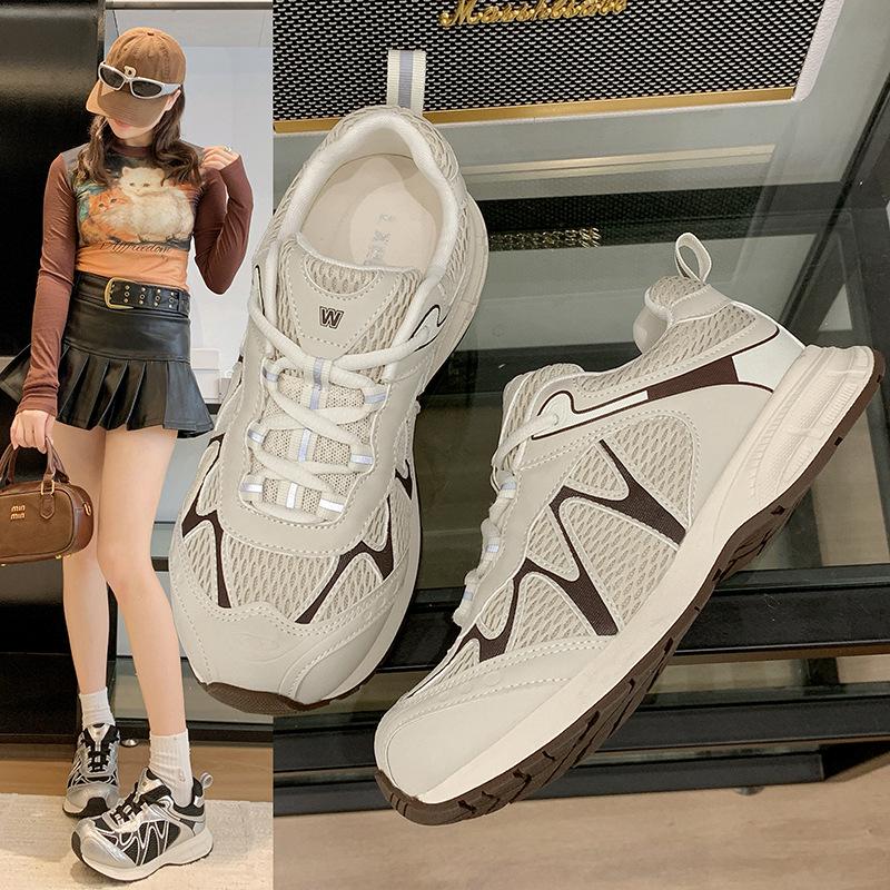 Leather mesh Forrest Gump shoes women's 2025 summer new round head thick sole thin breathable lightweight casual sports shoes tide
