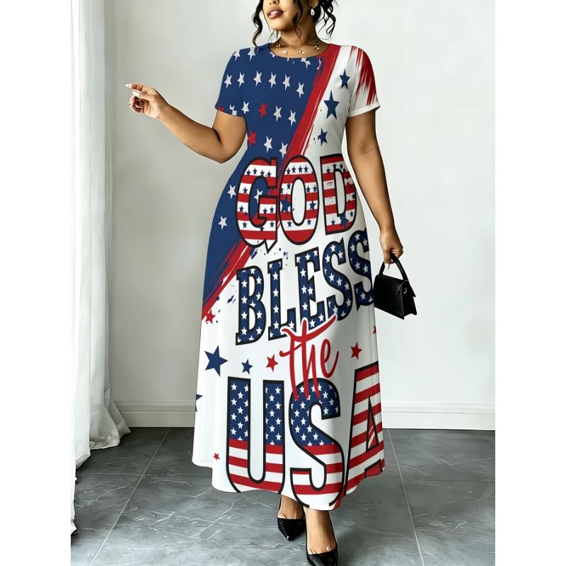 God Bless The USA Flag Print Plus Size Round Neck T Shirt Dress Red White Blue Casual Loose Fit Long Dress for Women Summer Outfit