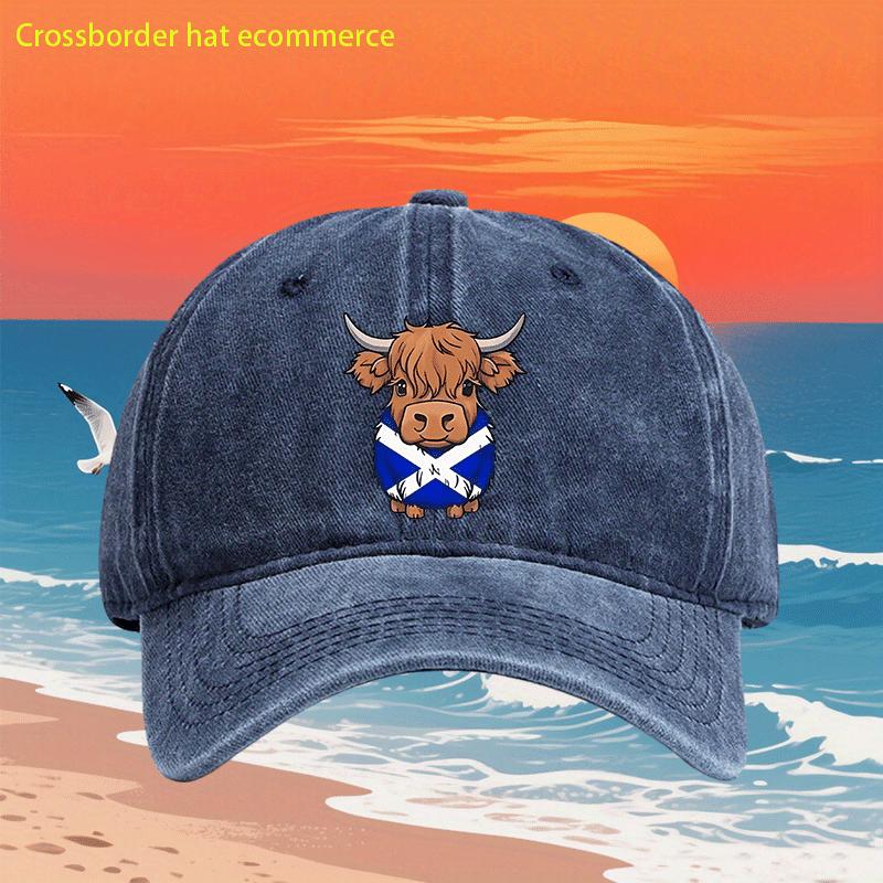 Highland Cow Scottish Flag Print Washed Baseball Cap Retro Adjustable Casual Dad Hat for Men Women