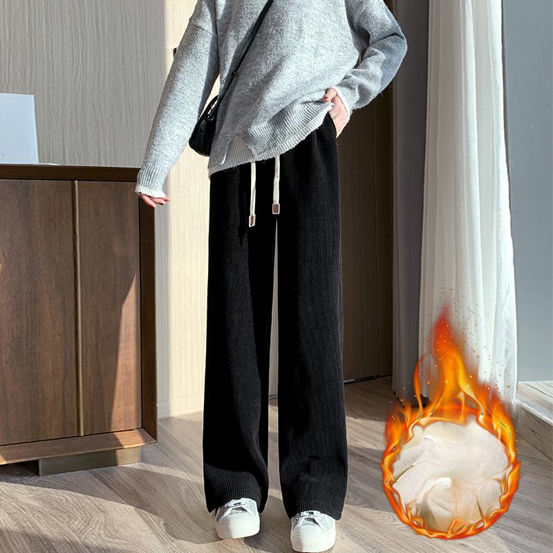 Autumn Straight Casual Loose Wide Leg Pants Women Fashion Winter High Waist Velvet Chenille Pants Ladies Elegant Drawstring Corduroy Trousers 25697