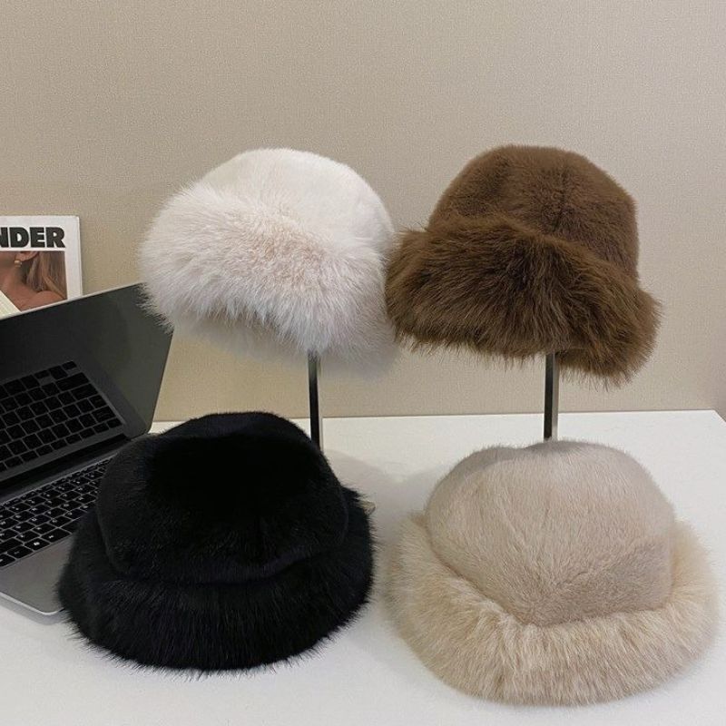 Fur Hat Women Warm Snow Ski Cap Plush Female Faux Fox Fur Thicken Warm Winter Hat Lady Windproof Panama Furry Fisherman Cap Y2k