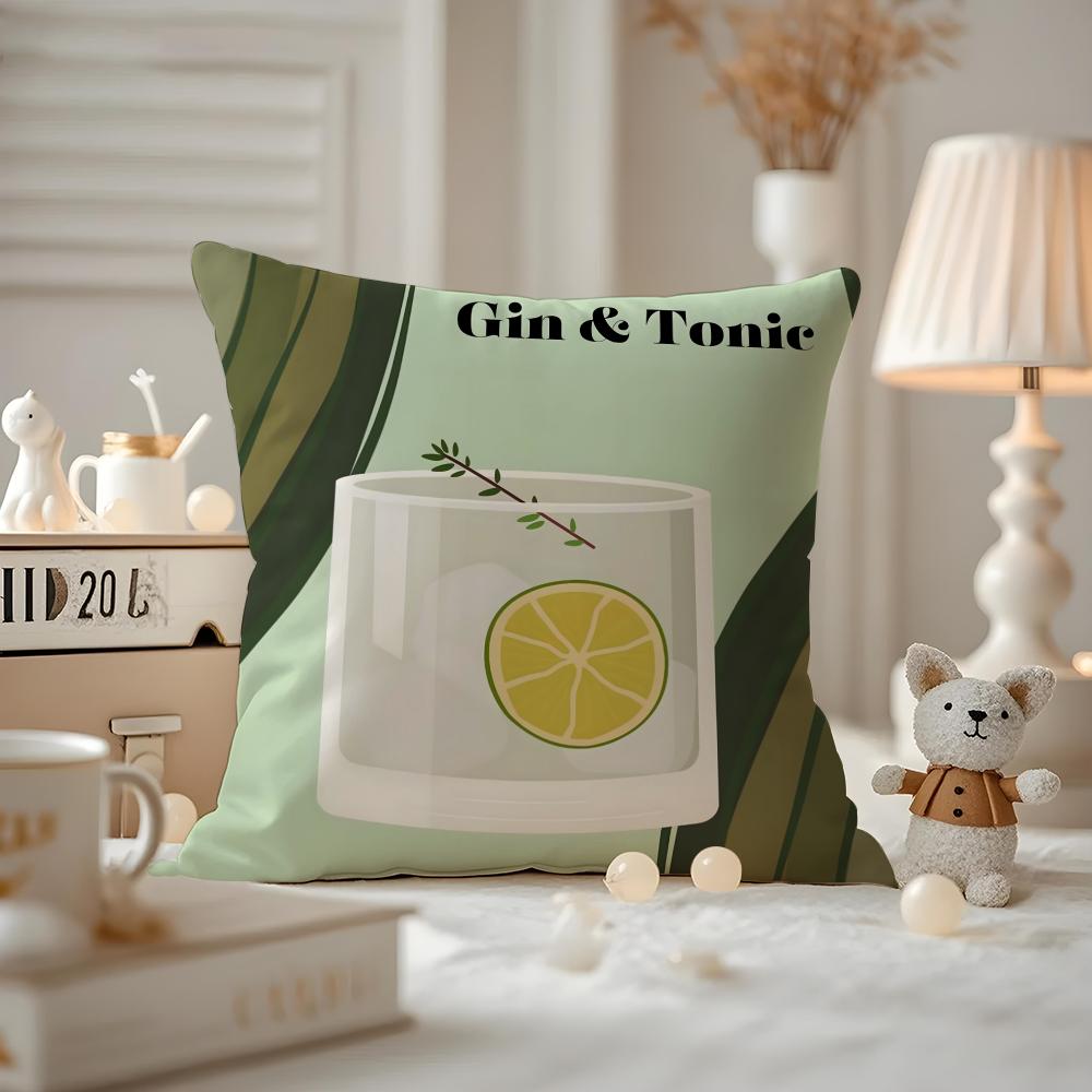 Gin& Tonic Cocktail Painting Cushion Cover Anti-dustmite Pillowcase Invisible Zipper Silky Short Plush Sofa Cushion Cover