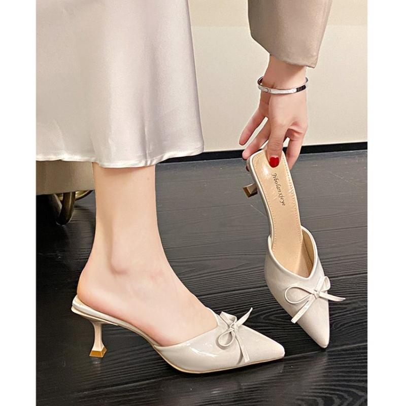Fashion Patent Leather Bowknot Mule Slides Woman Pointed Toe Kitten Heel Pump Sandals Ladies  Bright Color Evening Party Dress Shoes