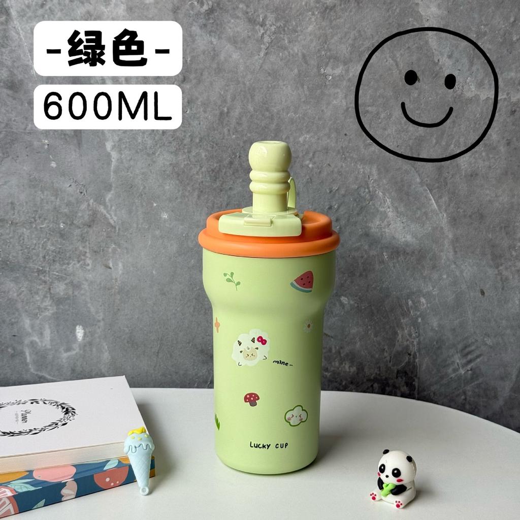 Cartoon Ceramic Liner Thermos Women's Large-capacity Ice Portable Car Coffee Straw Water Cup