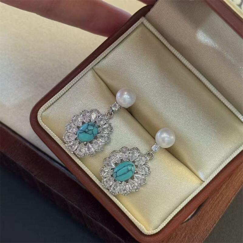 Yuhé New Pearl Earrings with Sparkling Cubic Zirconia and Blue Turquoise S9Silver Needle Old Money Style Light Luxury High-End Earrings