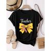 Yellow Bow and Pencil Pattern Fun Teacher Theme Pattern Printing Casual Daily Round Neck Sleeved Spicy