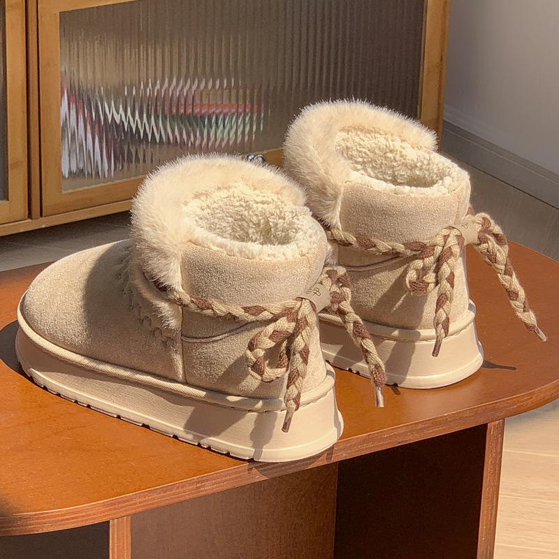 24 nowe zimowe bawełniane kapcie all-inclusive na grubej podeszwie, aksamitne śniegowce, paski z kokardami, do noszenia na zewnątrz, podwyższające, ciepłe bawełniane buty