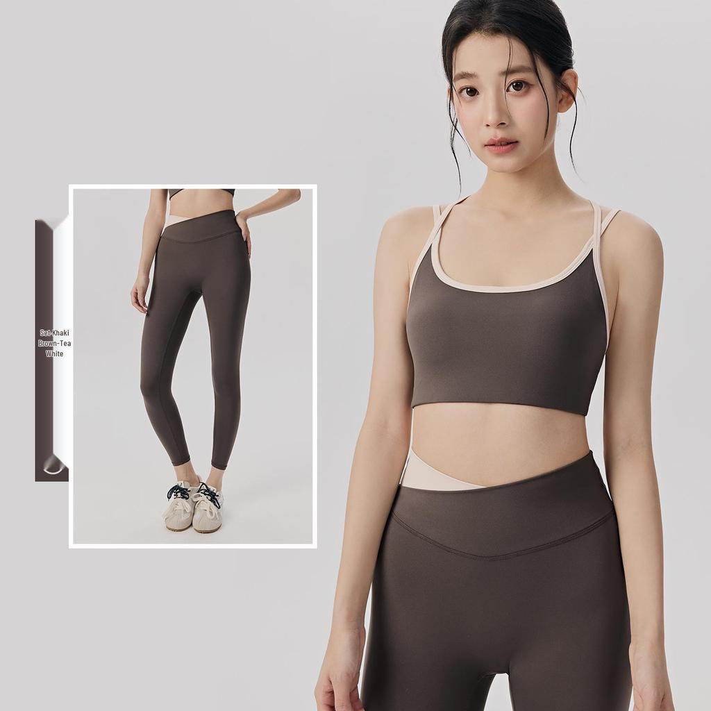 Damen Color-Block Yoga-Set: Patchwork Sport-BH, Antibakterielle V-Ausschnitt High-Waist Bauchkontrollhose