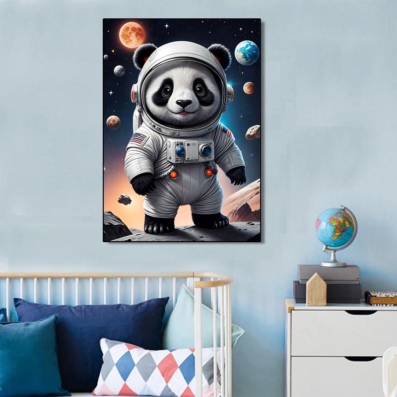 Cartoon Cute In The Universe Wearing Space Suit Animals Panda Koala Lion Cat Poster Canvas Painting Wall Art Pictures Home Decor