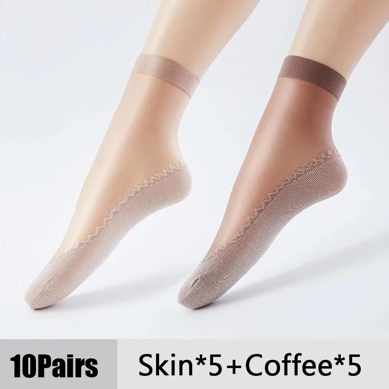 1/10Pairs Womens Anti-Slip Cotton Sock Thin Socks Casual Non-Slip Bottom Splice Spring-Autumn Transparent Ladies Breathable Sock