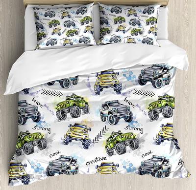 Autos Bettwäsche-Set für Schlafzimmer Bett Zuhause Handgezeichnet Aquarell Monster Trucks Enorme Räder Bettbezug Steppdeckenbezug Kissenbezug