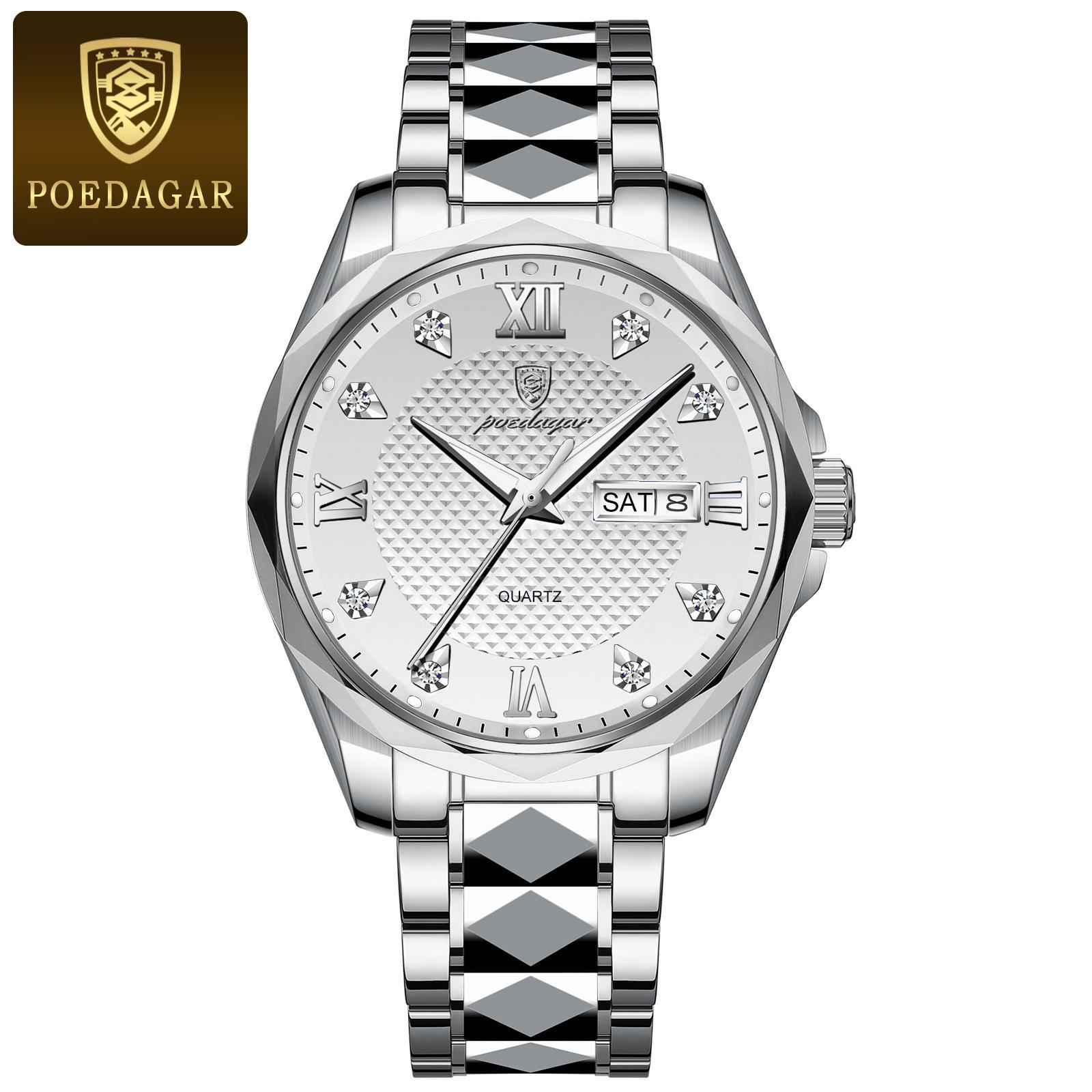 

Мужские кварцевые часы с двойным календарем и циферблатом, водонепроницаемые, с инкрустацией из светящегося циркония, мужские модные кварцевые часы, деловые часы серебряный/белый