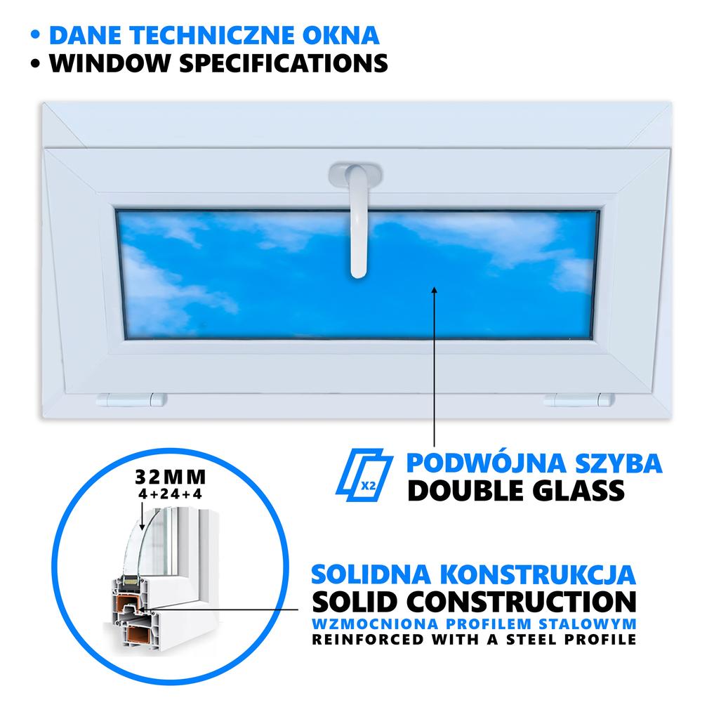 White PVC Window, Tiltable, 80x40, New, 800x400, Top-hung, Double-glazed