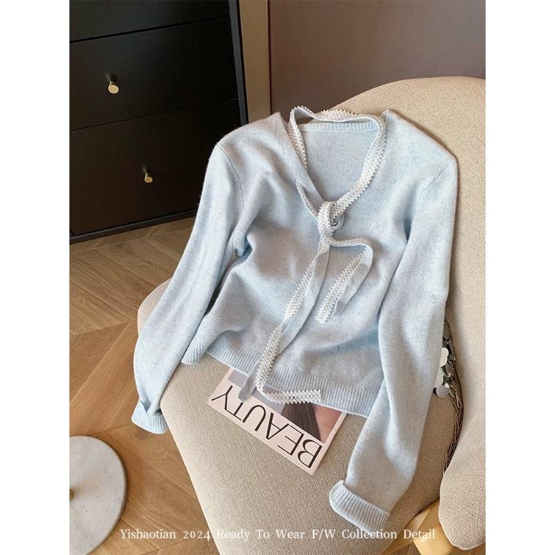 

Blue lace streamer neck knitted sweater women s autumn and winter new temperament age-reducing soft waxy pullover sweater S