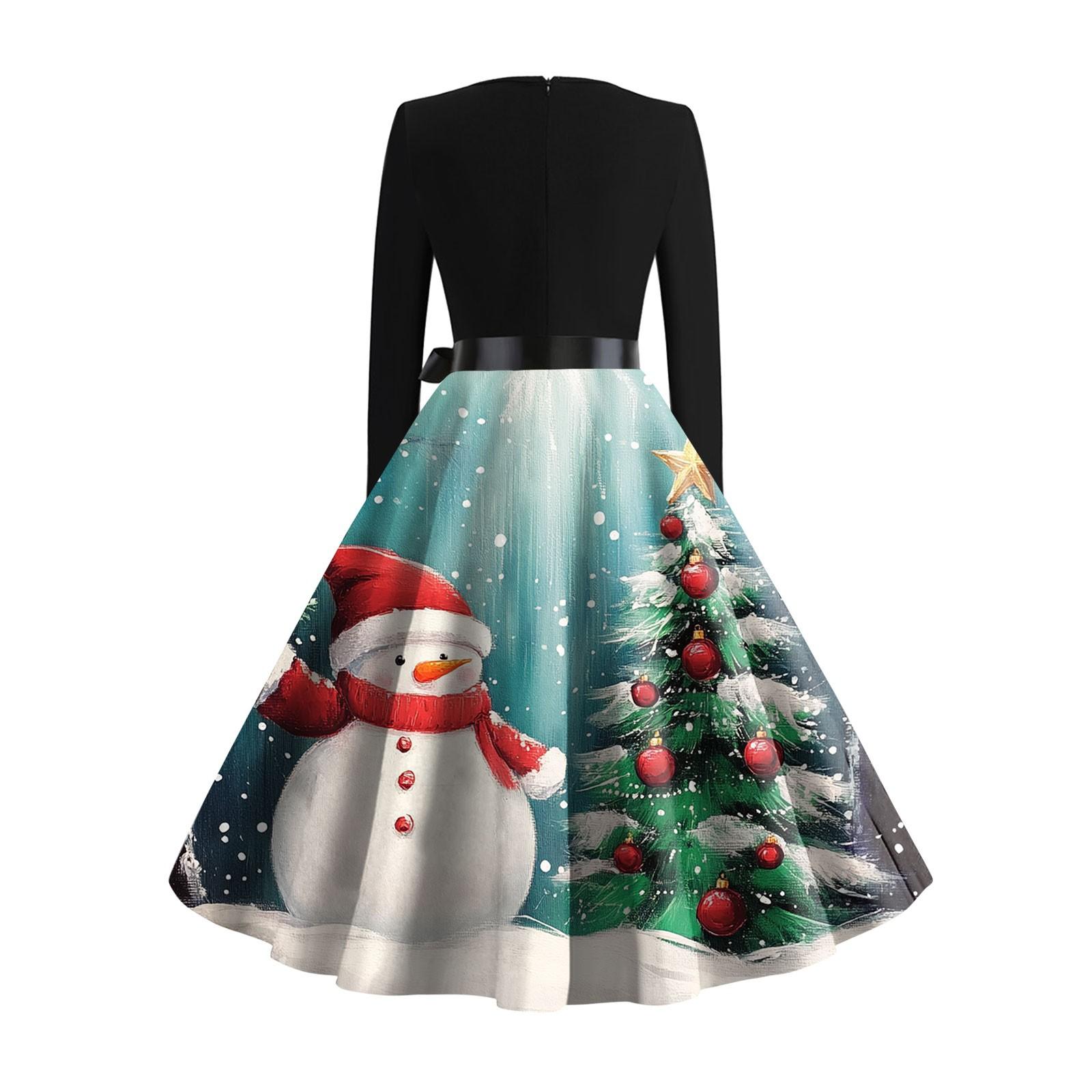 Рождественский принт расклешенное платье для женщин платье с длинным рукавом полые — фото 3