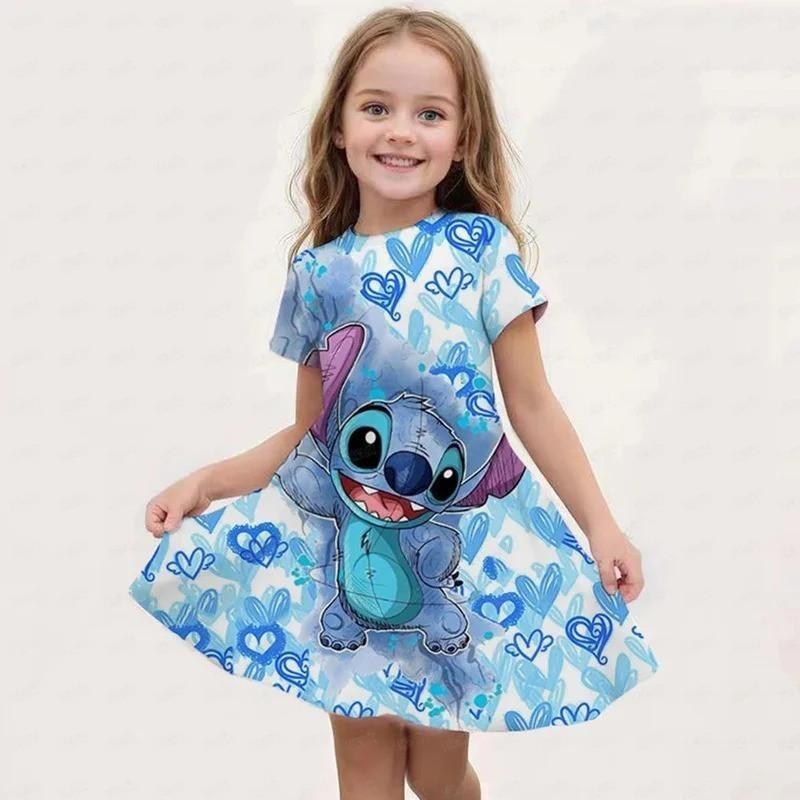 Disney Summer Girls Cute Cartoon Stitch Printed Dress Fashion One-piece Dress Kids Daily Casual Short Sleeve Clothing Outfit