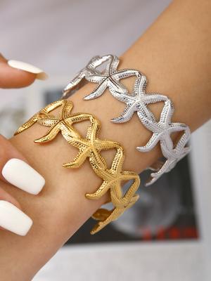 Summer Beach Series Fashion Personality Exaggerated Bohemian Style Stainless Steel Plated 18K Gold Starfish Bracelet Female