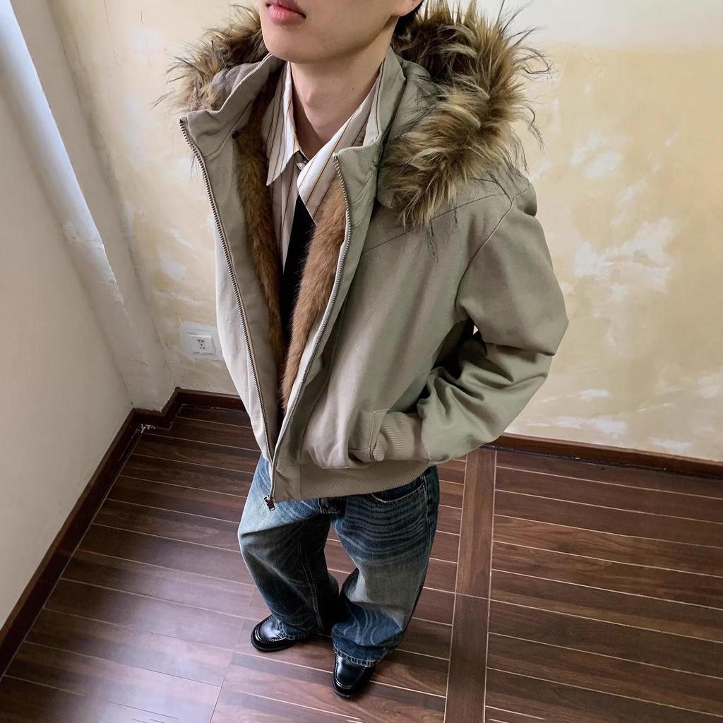 2025 American Retro Bald Eagle Hooded Fur Collar Men's Winter Cotton Parka