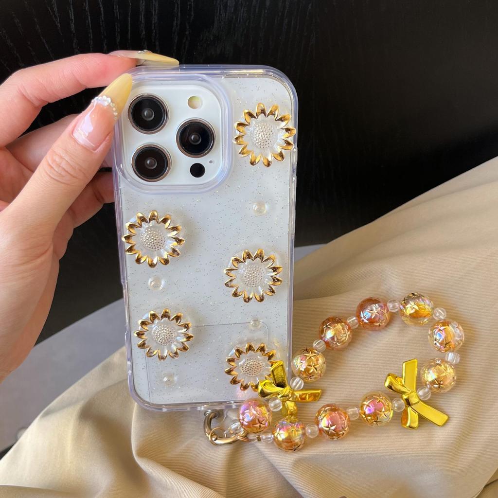 3D Bowknot iPhone Case for iPhone 13-17 Pro Max: Transparent Sunflower Epoxy Design.