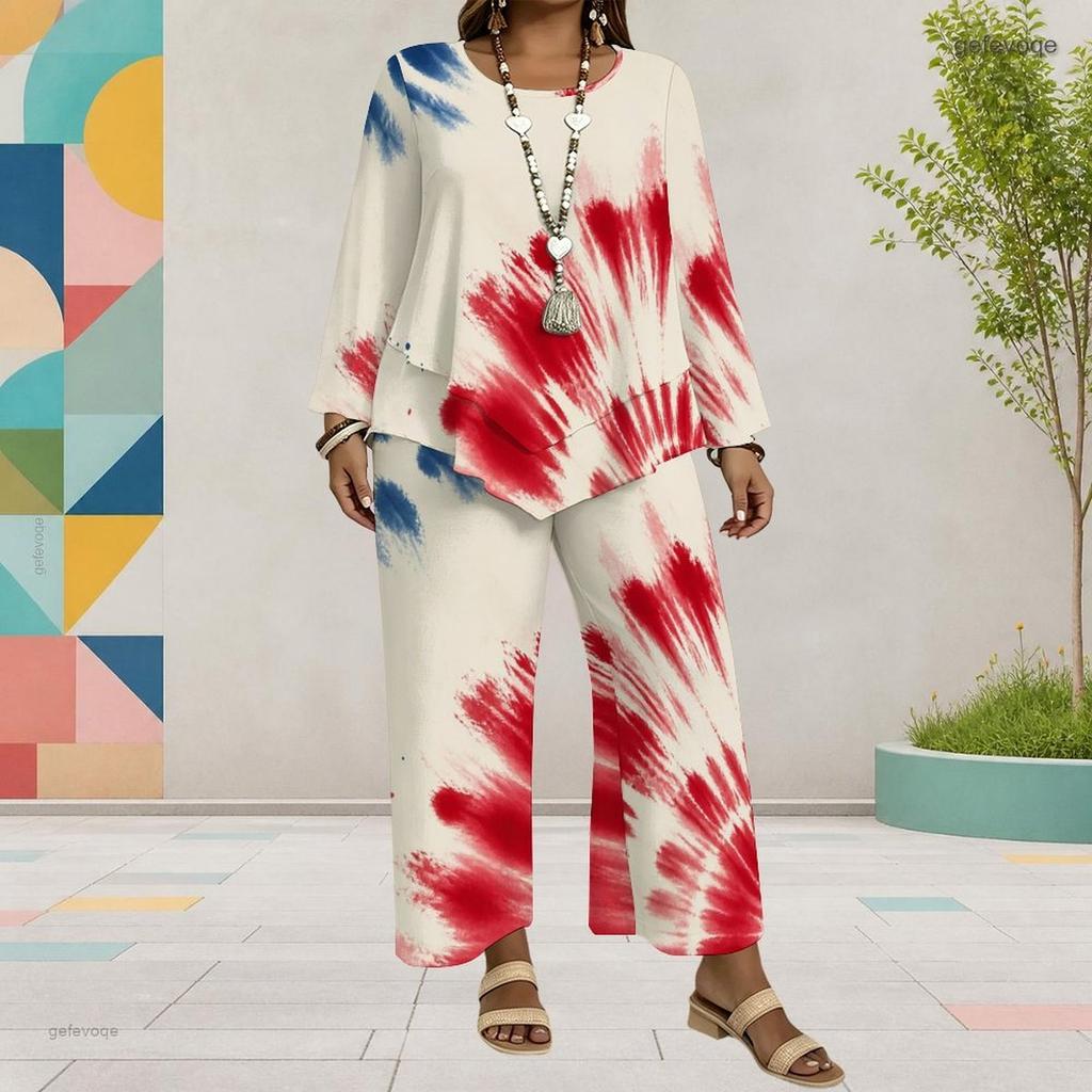 Women Plus Size Dark Navy Printed Two Piece Set Round Neck Long Sleeve Top Wide Leg Cropped Pants