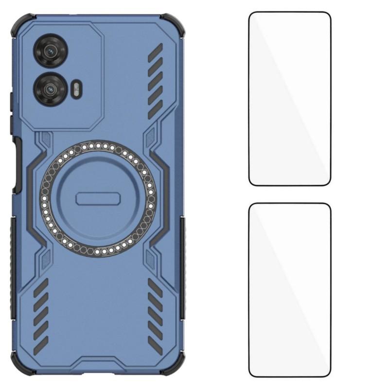 For Motorola Moto G34 5G Magnetic Case WANLONFENG DJ Series PC TPU Phone Cover with 2Pcs Tempered Glass Film