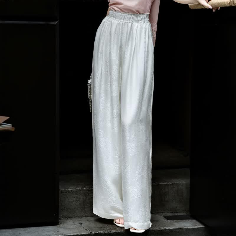 Elegant Mulberry Silk Blend Jacquard Wide-Leg Pants XL грязно-белый