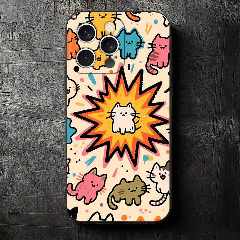 Cartoon Cute Cats Theme Soft Phone Case for iPhone 16 16E 17 Air 15 Pro Max 14 Plus 13 Mini 11 12 7 Black Cover Back Shell