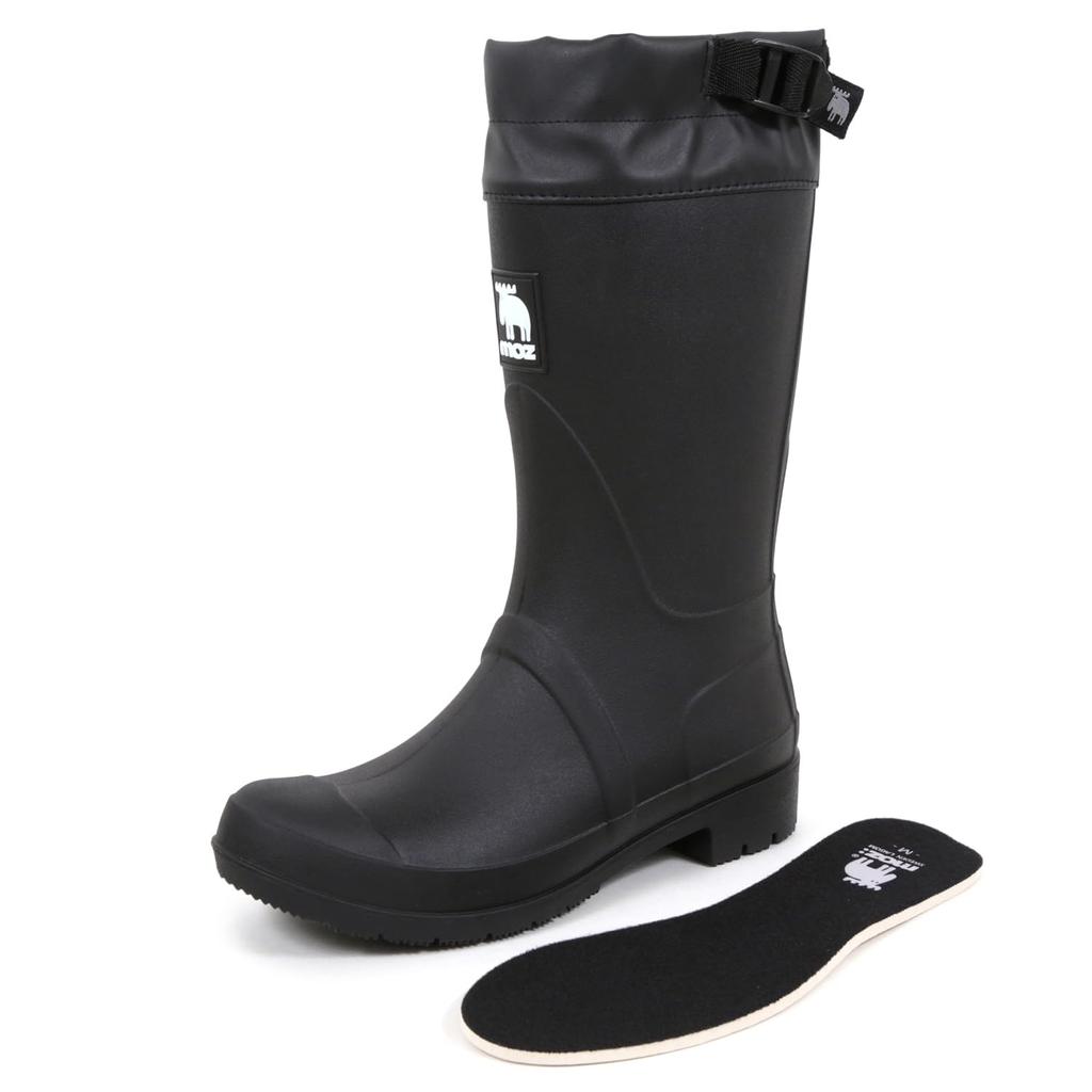 Akiriko MOZ Women's Mid-Length Rain Boots, Waterproof, Lightweight, TPE Material, Collar Cover & Belt, Non-Slip Sole, Urethane Liner, Black, Size LL