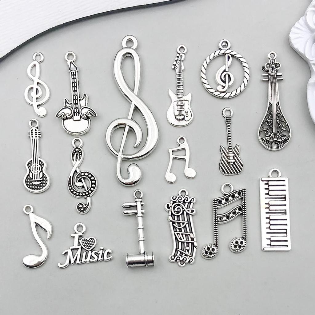 Starožitný stříbrný slitinový přívěsek ve tvaru noty na kytaru pro DIY šperky