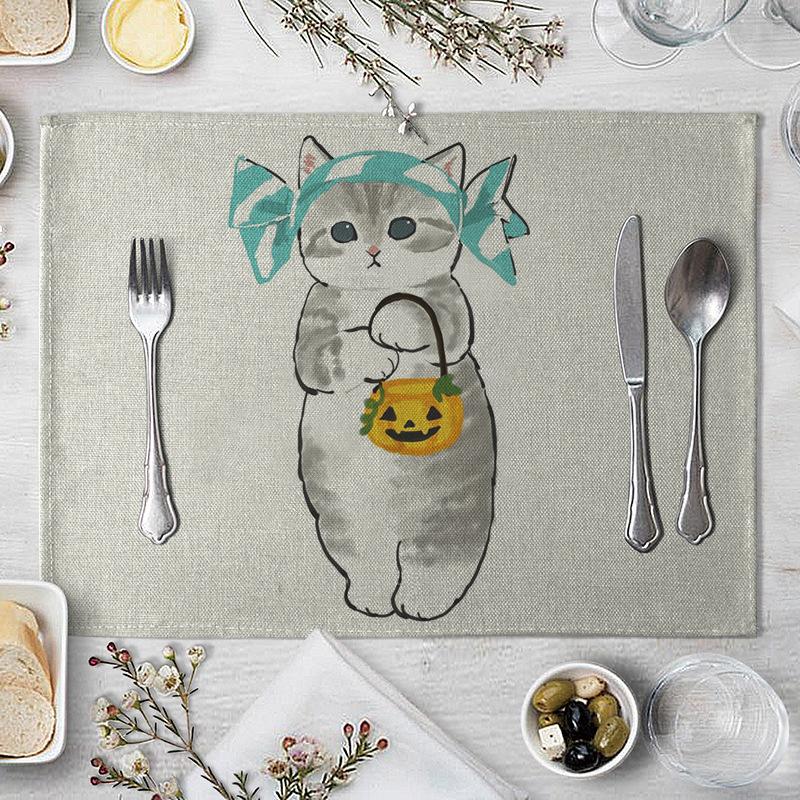 1 Pcs Dining Table Mats Cute Funny Cat Pattern Kitchen Placemat Drink Coasters Western Pad Cotton Linen Cup Mat Table Dining
