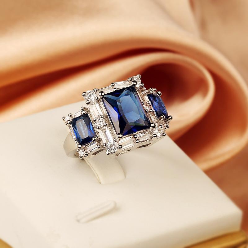 Rectangular Zircon Ring Imitation Emerald Diamond Inlay Handmade European and American Personalized Colored Treasure Ring