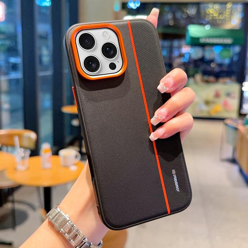 For iPhone 16 Pro Case Splicing PC+PU Leather Phone Back Cover with Metal Lens Ring/Buttons