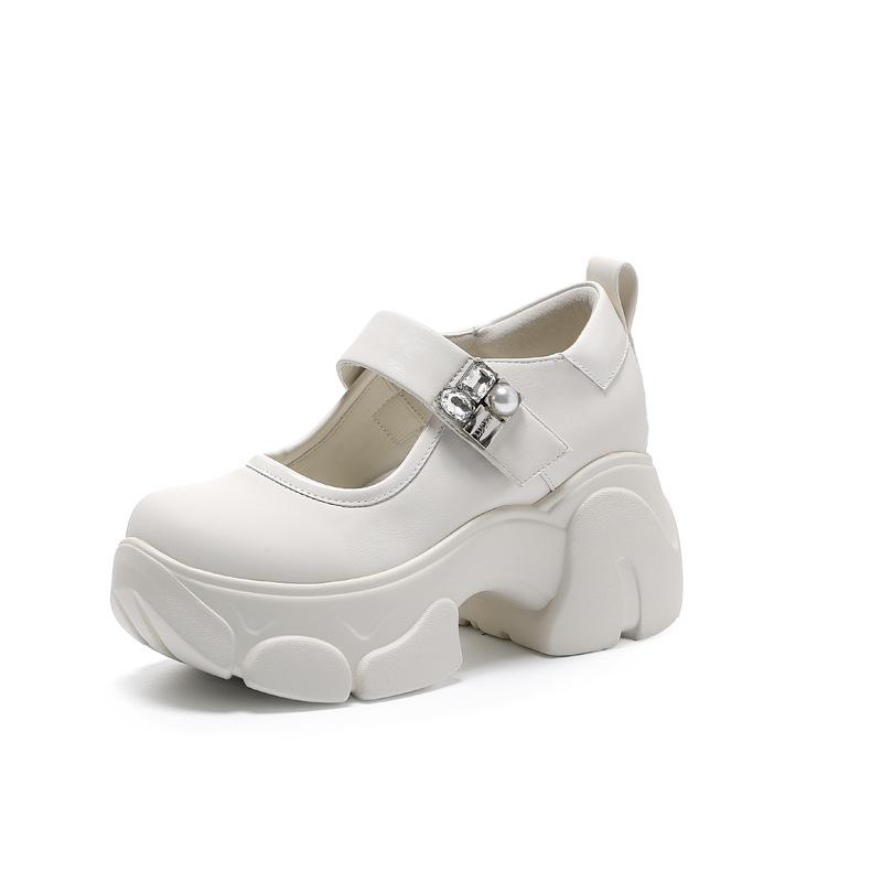 British style high-heeled Velcro small leather shoes women's autumn 2025 new thick-heeled waterproof table shallow mouth Mary Jane shoes