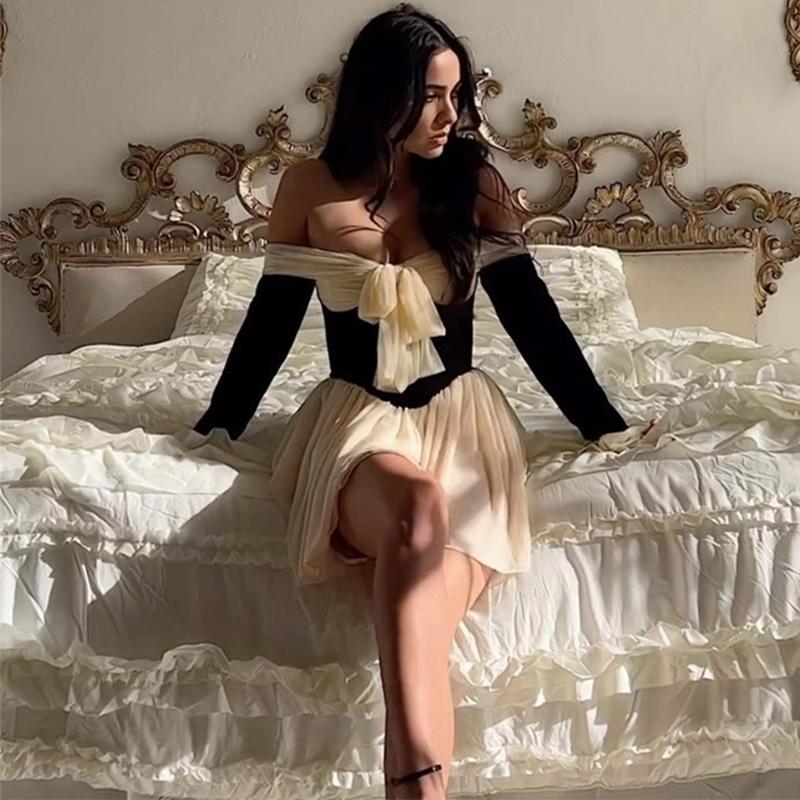 French Vintage Off Shoulder Dress Women Summer Fashion Slim Long Sleeve Slim High Waist Mini Dresses Girls Party Trendy Vacation Elegant Evening Dress