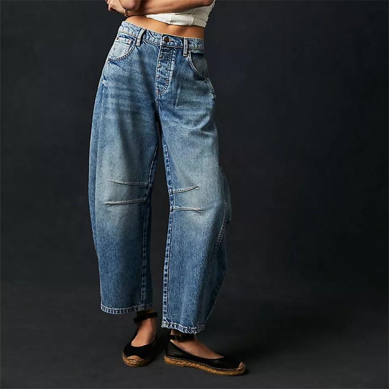 Jeans a Gamba Larga Elasticizzati a Vita Media Moda Forma a Barile Jeans in Denim Casual Baggy da Donna a Vita Media