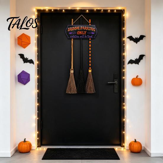 Odolný Halloweenový Značka na Zahradu Parkoviště na Košťata se 3 ks Dřevěných Košťat Čarodějnic, Závěsná na Téma Hocus Pocus Pouze pro Vnitřní Venkovní Dveře Domácí Zeď