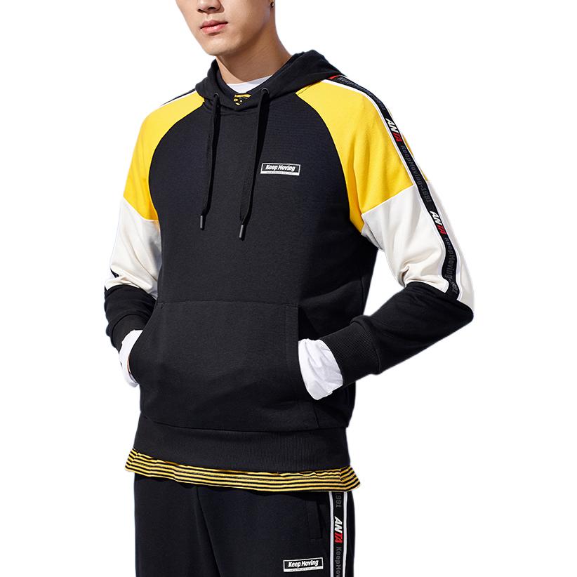 Anta Training Series Color Block Drawstring Hooded Pullover Long Sleeve Sweatshirt Unisex Sweatshirt Black 15937717-4