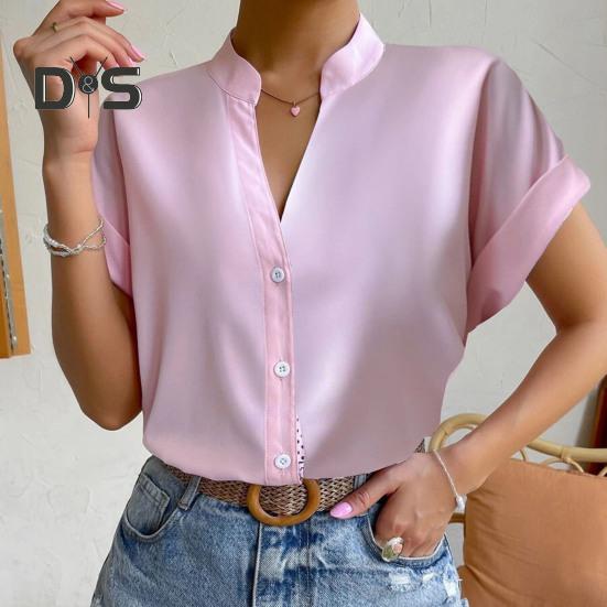 Dámská košile s výstřihem do V límec Jednořadá s krátkým rukávem Jednobarevná Hedvábně hladká Formální Business OL Dámská top halenka ve stylu dojíždění