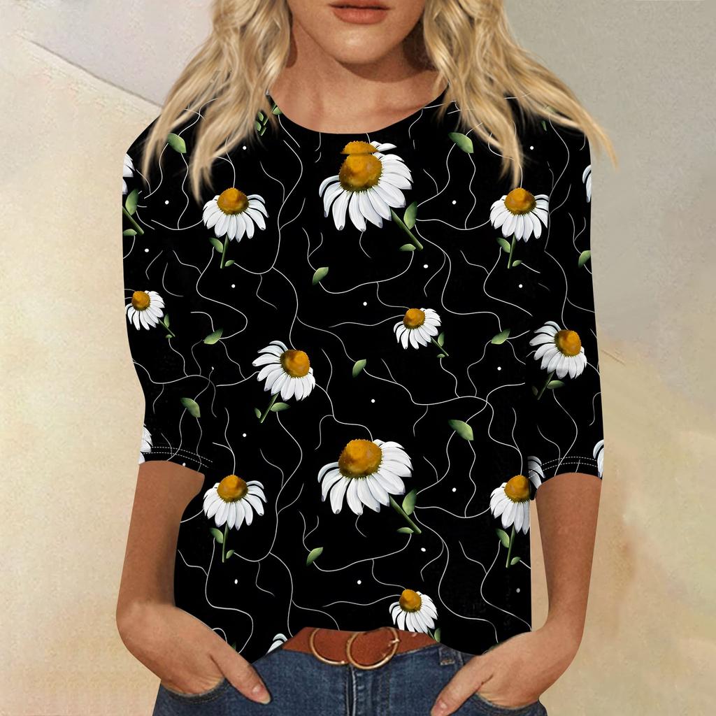 Women’s Casual Floral Print Three Quarter Sleeve Crew Neck Loose Fit Pullover Top for Daily Wear Spring Summer Autumn