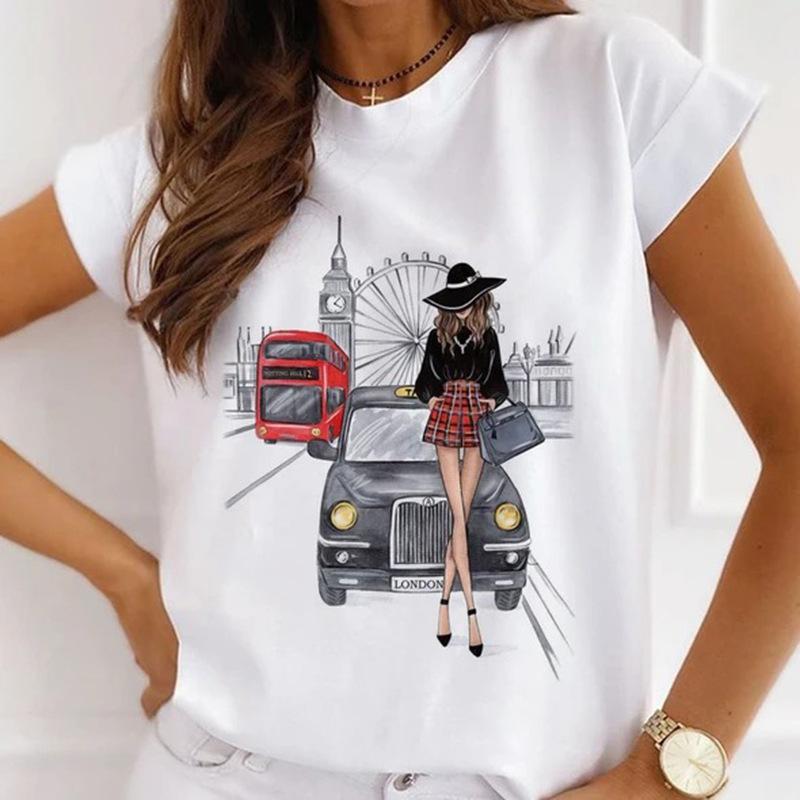 Beautiful girl print short-sleeved Tシャツ Buy Summer New Paris Tower Print Pattern Women's Short