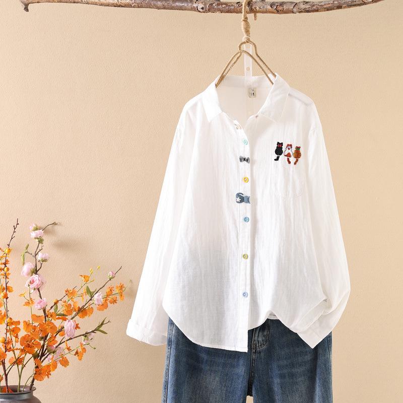 Spring 2026 Women's Cartoon Embroidery Gauze Long Sleeve Cardigan Shirt