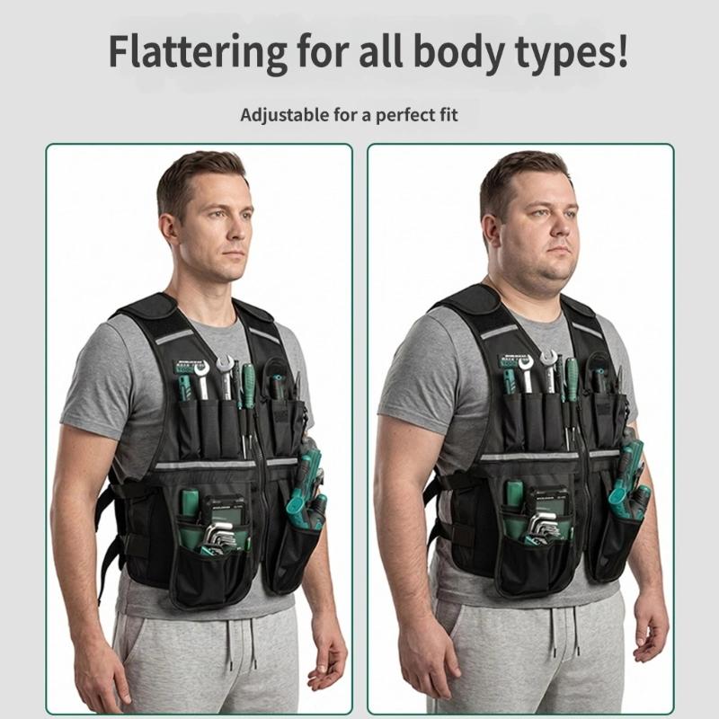Multi-Pocket Utility Vest With Reflective Trim and Adjustable Side Bands for Keeping Common Work Items Close During Maintenance and Installation Tasks